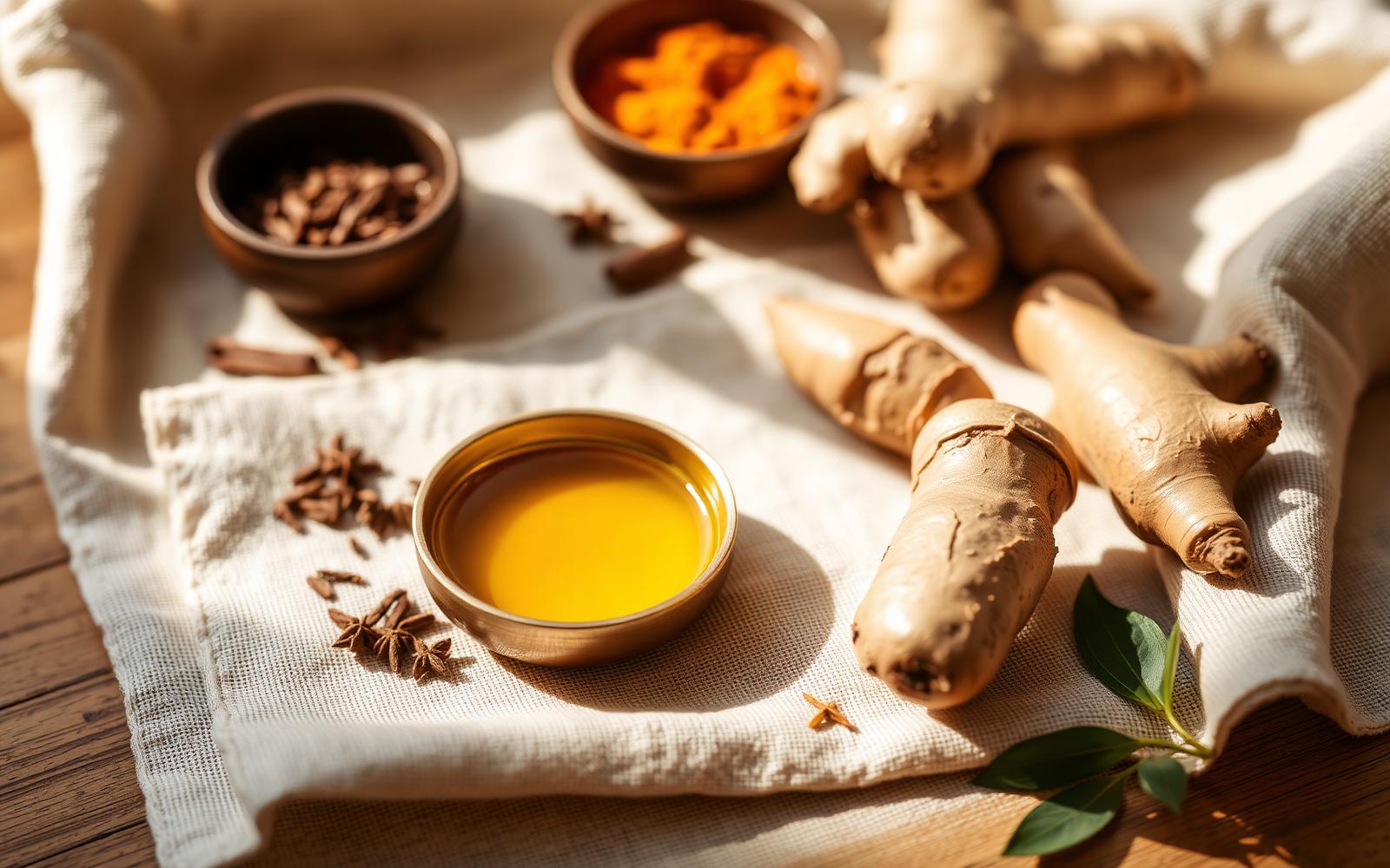 Ayurvedische kruiden, kurkuma en gember op linnen in warm ochtendlicht